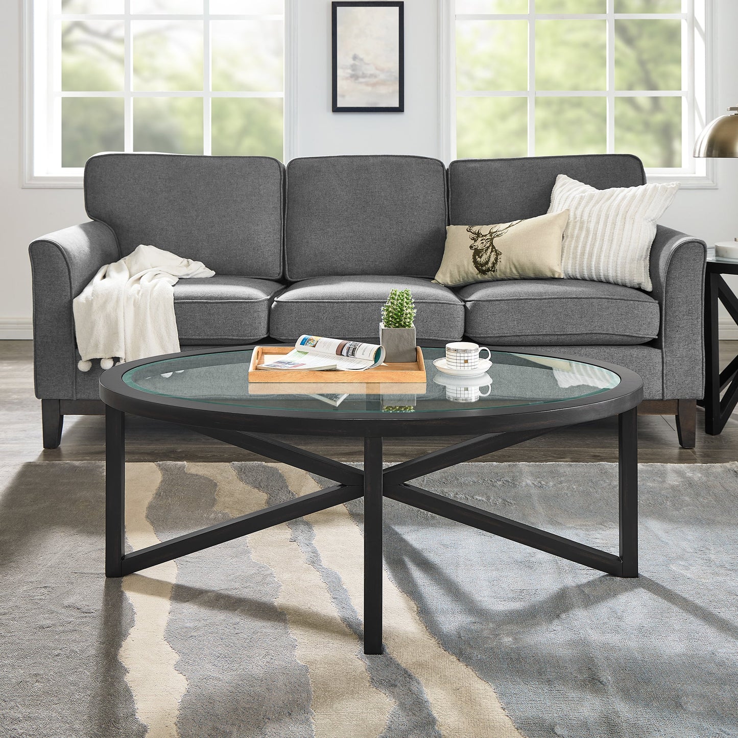 Modern Simple Glass Coffee Table, Tempered Glass Coffee Table Solid Wood Base Round Transparent Glass Top Modern Living