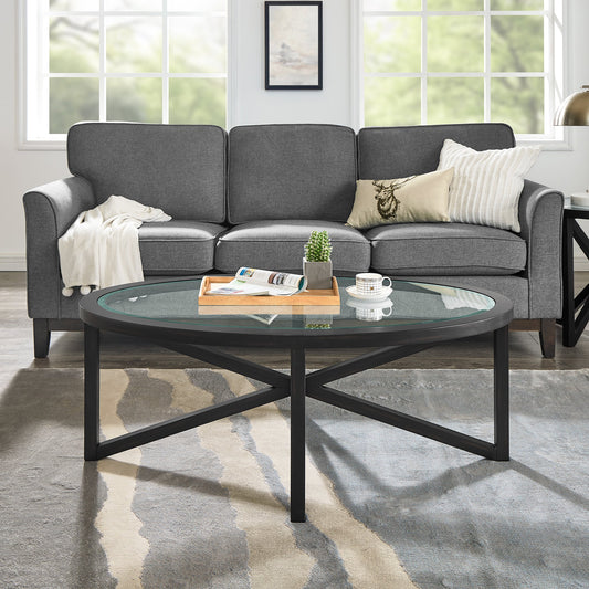 Modern Simple Glass Coffee Table, Tempered Glass Coffee Table Solid Wood Base Round Transparent Glass Top Modern Living