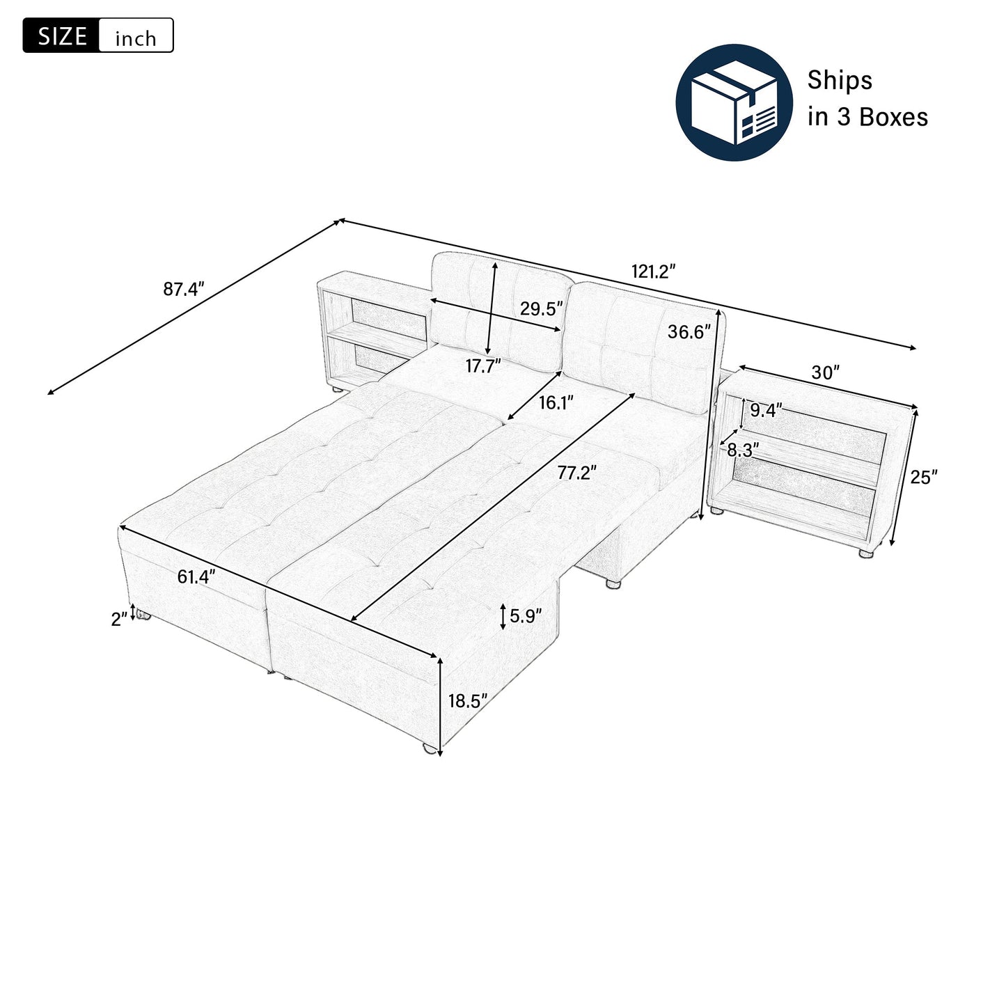 121.2' Versatile Sofa Bed Modular Sofa  Free-Combined Sofa With Two Storage Racks,  Brown