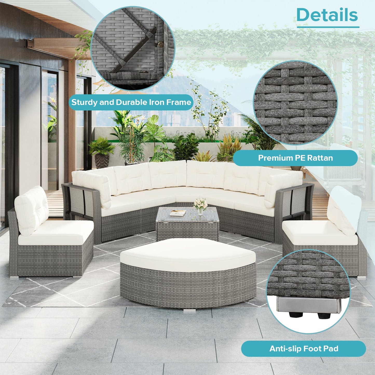 Patio Furniture Set Outdoor Daybed Rattan Sectional With Cushions and Center Table, Beige, Iron & Rattan, Multiple Sizes