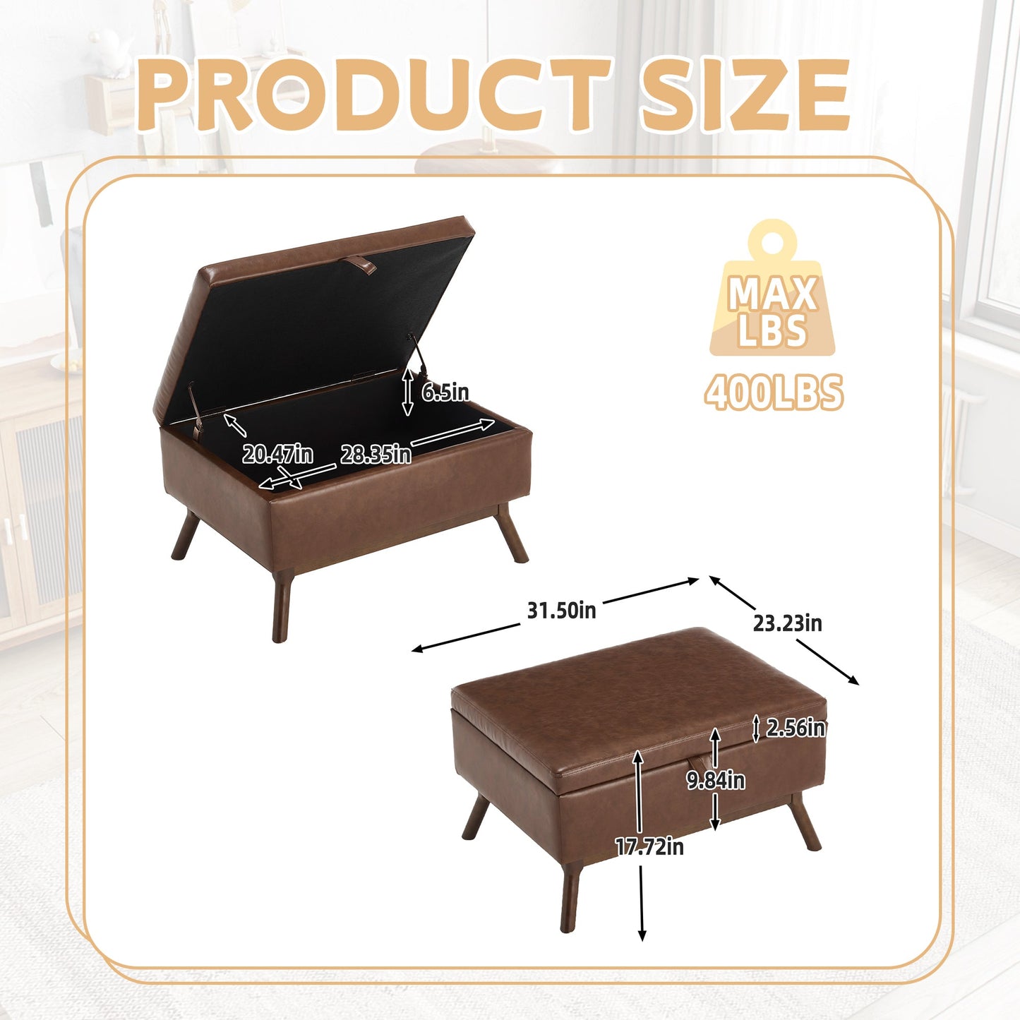 Mid-Century Modern Square Coffee Table Storage Bench, Assembled, Suitable for Living Room, Entryway and Family Room, Use