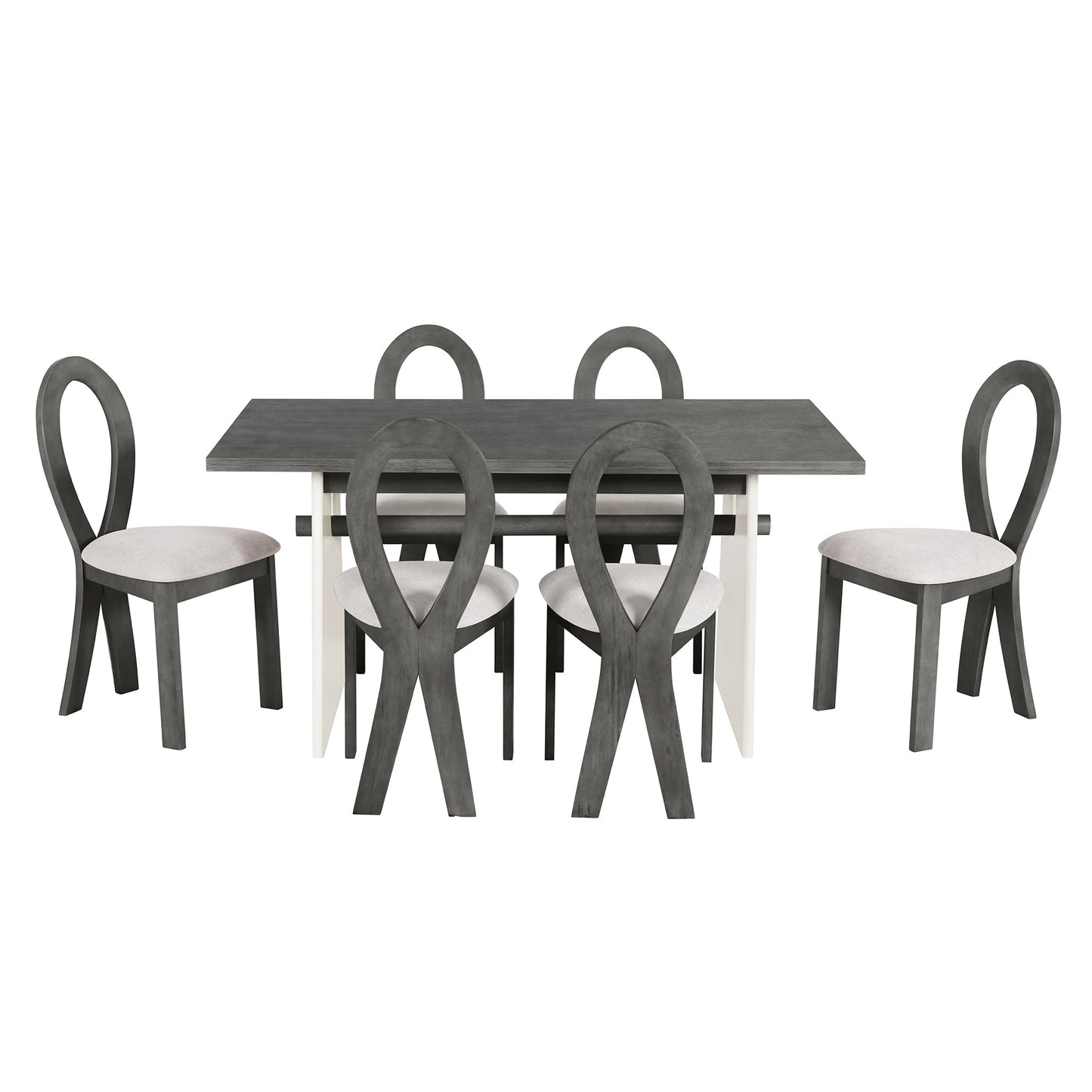 Modern 7-Piece Dining Table Set With Trestle Dining Table and 6 Upholstered Dining Chairs, Compact Kitchen Table Set For