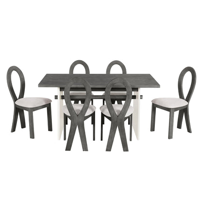 Modern 7-Piece Dining Table Set With Trestle Dining Table and 6 Upholstered Dining Chairs, Compact Kitchen Table Set For