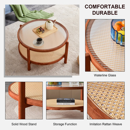 Modern Minimalist Circular Double-Layer Solid Wood Coffee Table With Glass Top, PE Rattan Layer, Walnut Finish