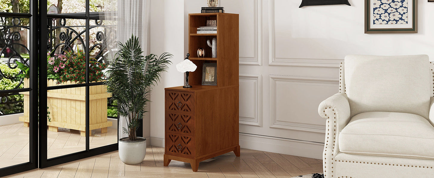 End Table With 3 Drawers, Corner Table With 2 Open Shelves, Tall Side Table for Bedroom and Corner, Walnut,Expect Arriva