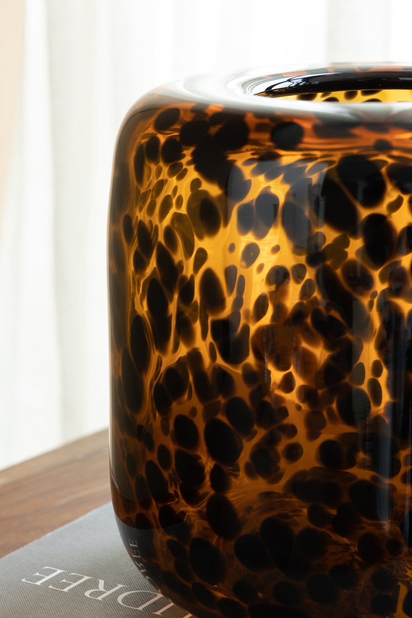 Brown and Amber Glass Vase With Cheetah Motif, Short, 7.9x7.9'