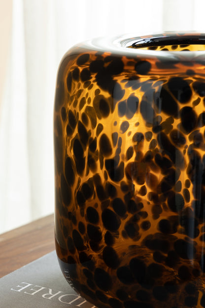 Brown and Amber Glass Vase With Cheetah Motif, Short, 7.9x7.9'