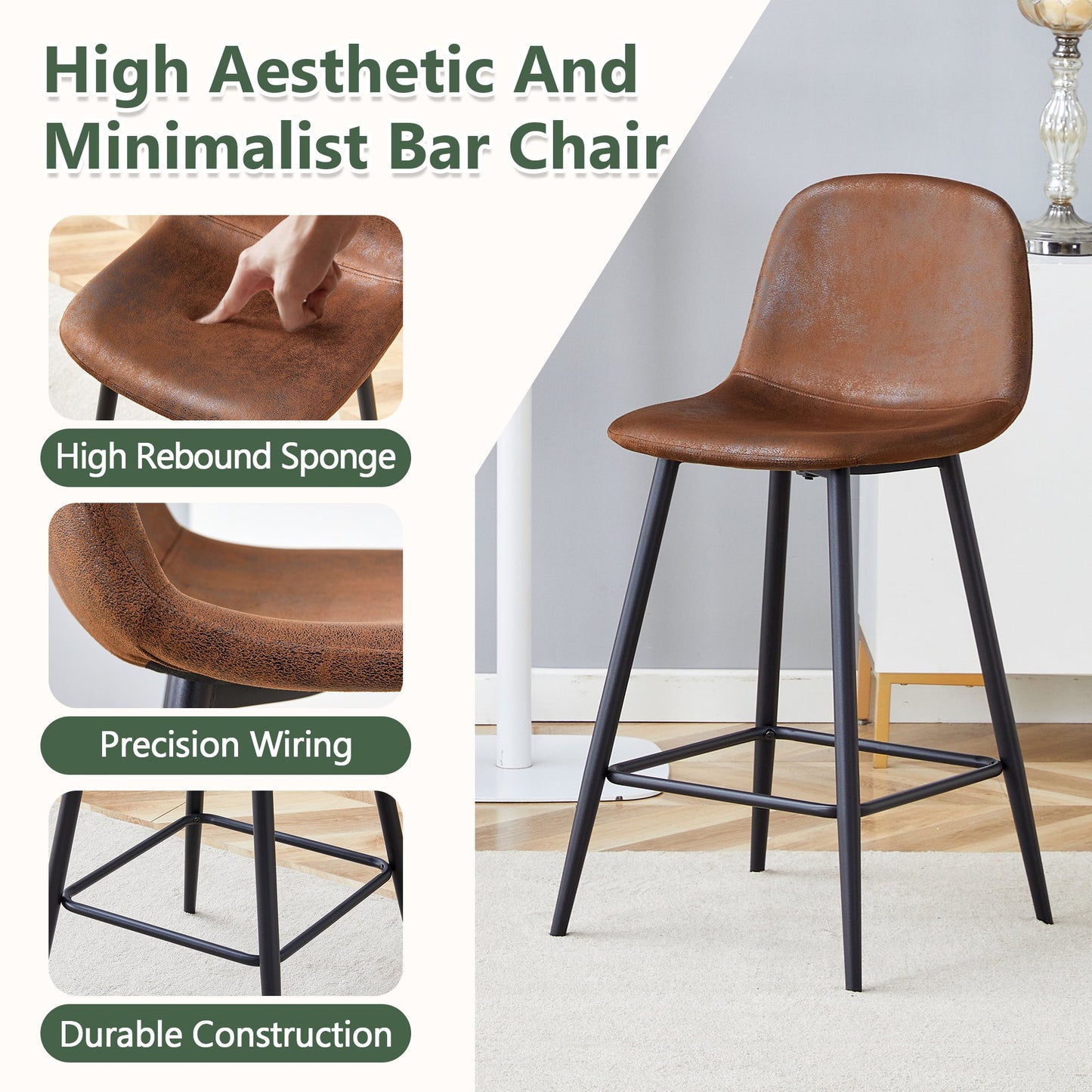 Brown Techno-Fabric Bar Chair Set - Two Pieces, Rounded Backrest, Black Metal Legs, Multiple Colors