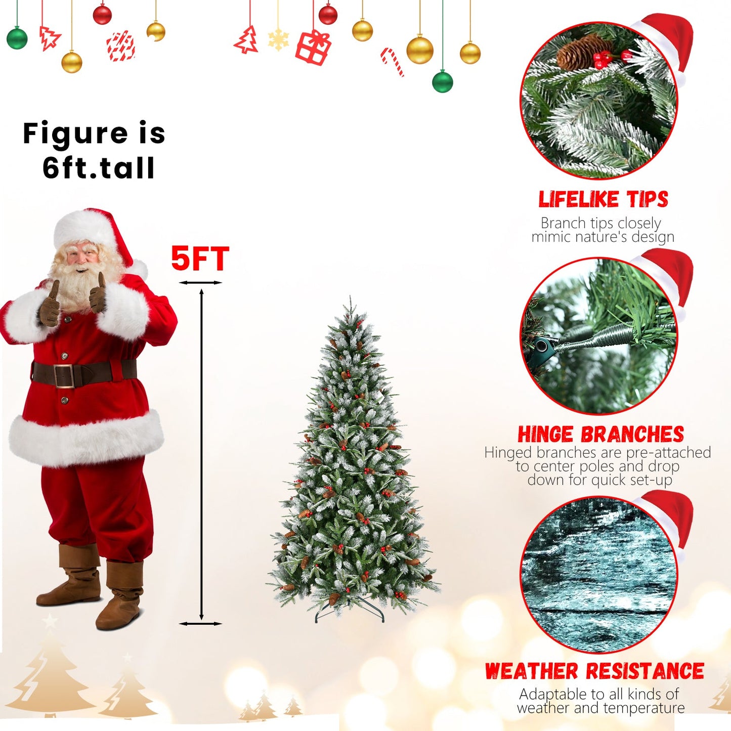 7FT Christmas Tree With 2178 Tips, Red Berries & Pine Cones – Snow-Dusted PE+PVC Branches, Hinged Design for Easy Setup,