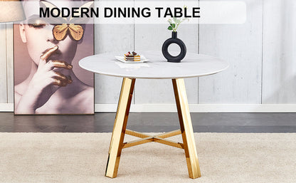 Modern Minimalist White Patterned Circular Dining Table and Coffee Table. MDF Desktop, Diameter 42 Inches, Stainless Ste