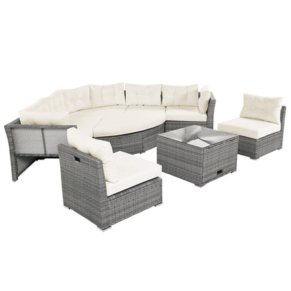 Patio Furniture Set Outdoor Daybed Rattan Sectional With Cushions and Center Table, Beige, Iron & Rattan, Multiple Sizes