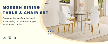 Table and Chair Set.39.7 Inch Diameter Modern Luxury Glass Dining Table and Chair Set - Gold Metal Legs.Paired With 4 WH