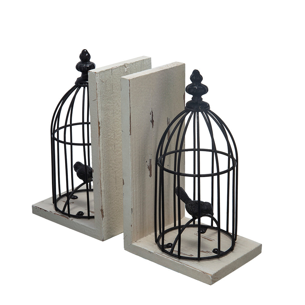S/2 5.5x4.5x10'  Distressed Black Bird Cage Bookend, Antique White
