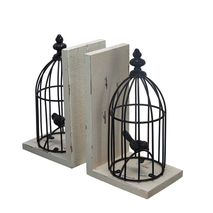 S/2 5.5x4.5x10'  Distressed Black Bird Cage Bookend, Antique White
