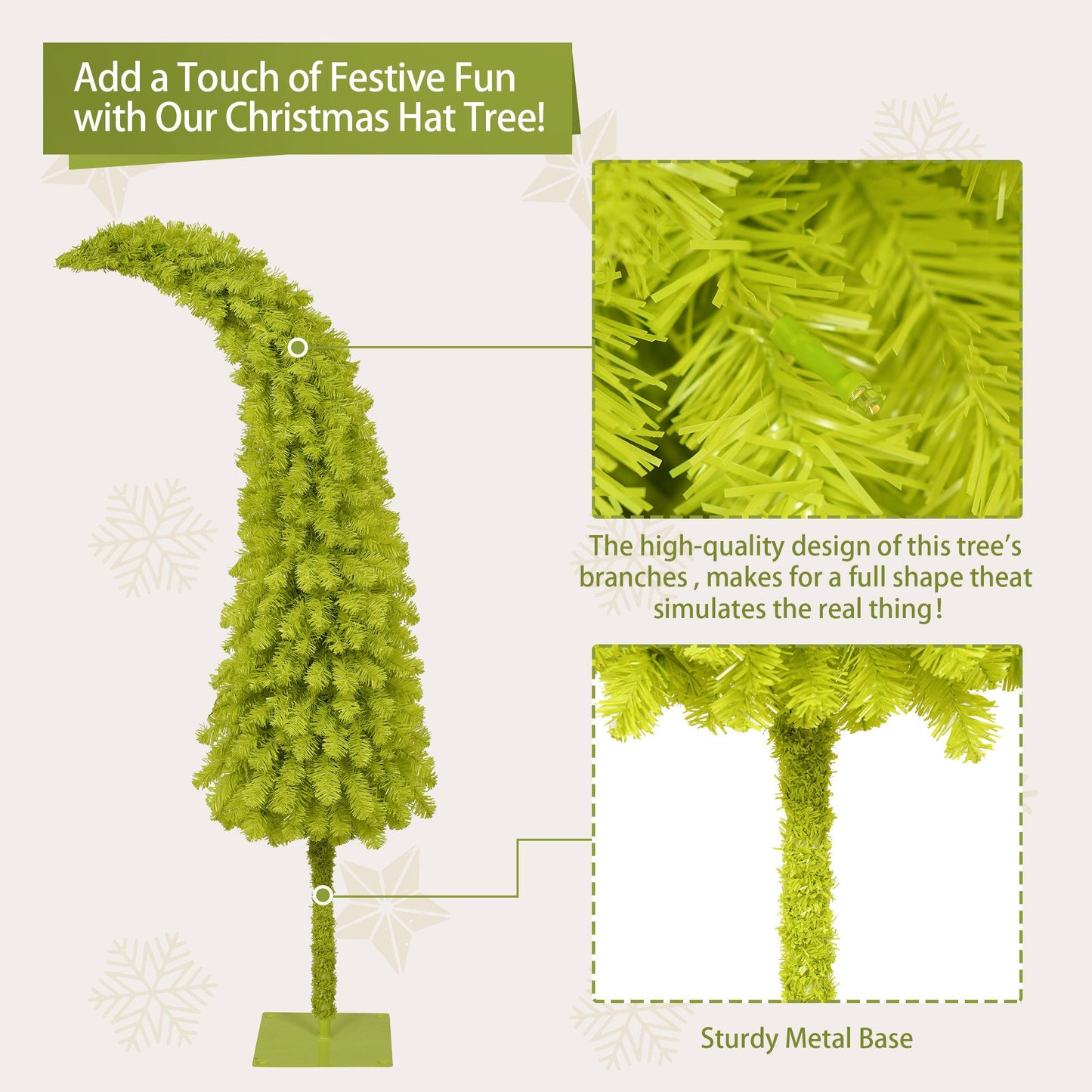 5FT Hinged Fir Artificial Fir Bent Top Christmas Tree, Xmas Tree Bendable Santa Hat Style Christmas Tree Holiday Decorat