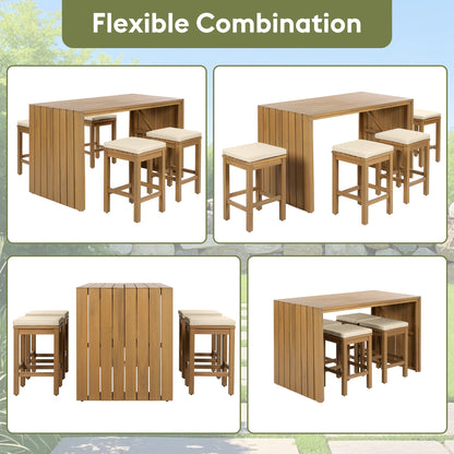 5 Piece Outdoor Bar Set, Patio Acacia Wood Bar Height Table & Four Stools With Cushions, Wood Dining Bar Set for Backyar
