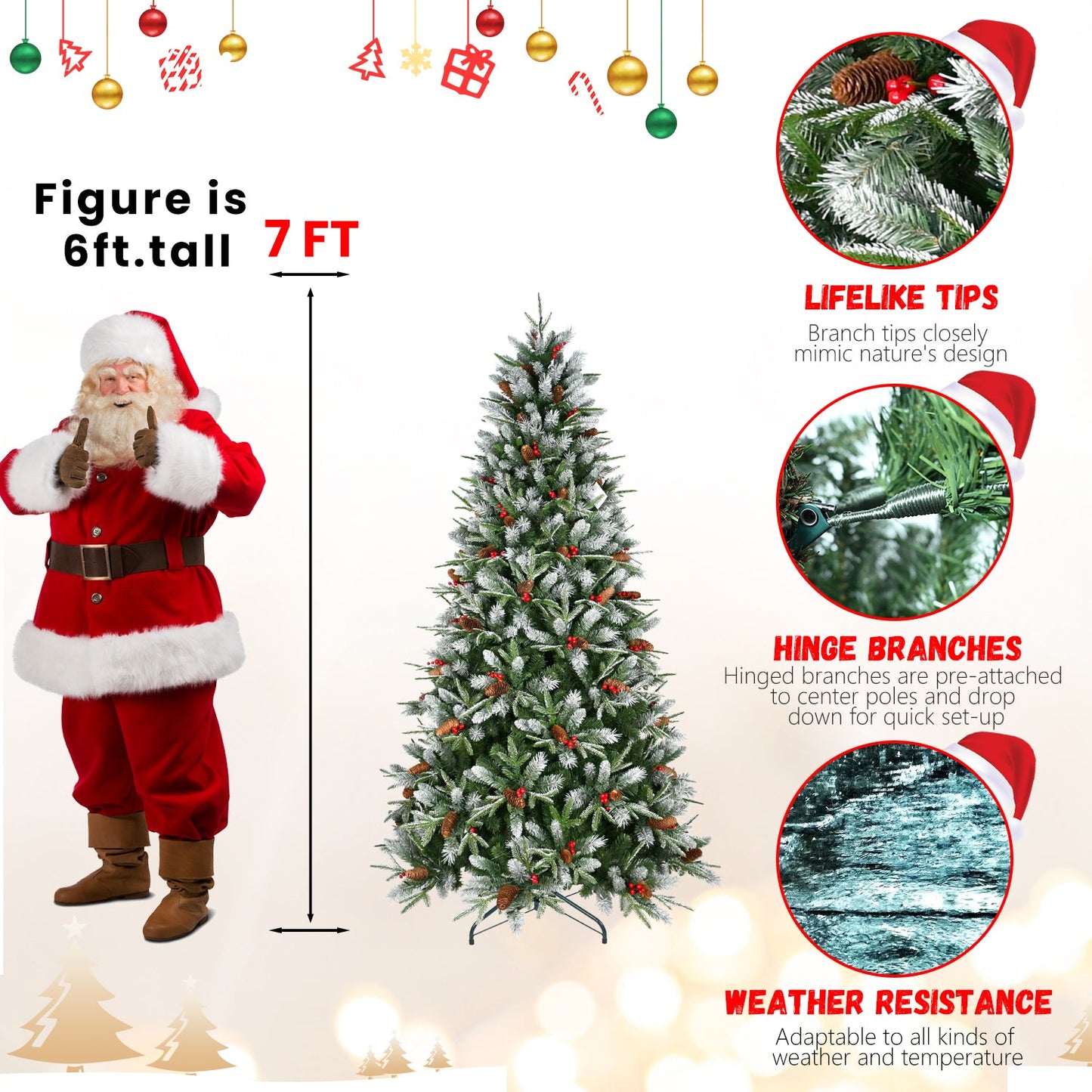 7FT Christmas Tree With 2178 Tips, Red Berries & Pine Cones – Snow-Dusted PE+PVC Branches, Hinged Design for Easy Setup,