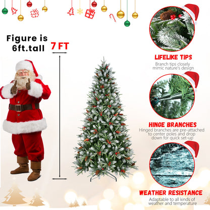 7FT Christmas Tree With 2178 Tips, Red Berries & Pine Cones – Snow-Dusted PE+PVC Branches, Hinged Design for Easy Setup,