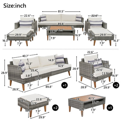 6-Pieces All Weather PE Wicker Sofa Set, Outdoor Rattan Sofa With Double Cushions, Wood Legs Wood Table Top, Beige and G