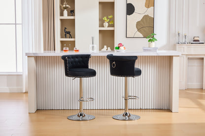 Velvet Bar Stool Set of 2, Adjustable Swivel Bar Stools With Silver Plated Metal Leg, Chrome Nailhead, Counter Height Ch