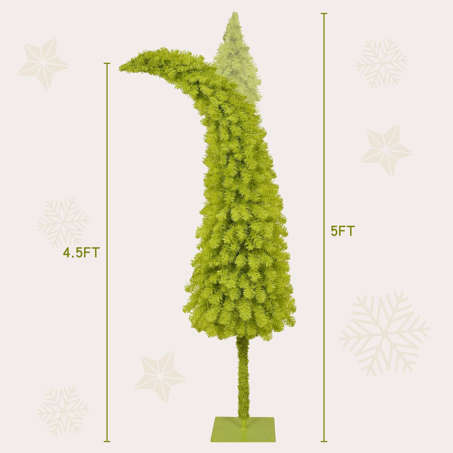 5FT Hinged Fir Artificial Fir Bent Top Christmas Tree, Xmas Tree Bendable Santa Hat Style Christmas Tree Holiday Decorat