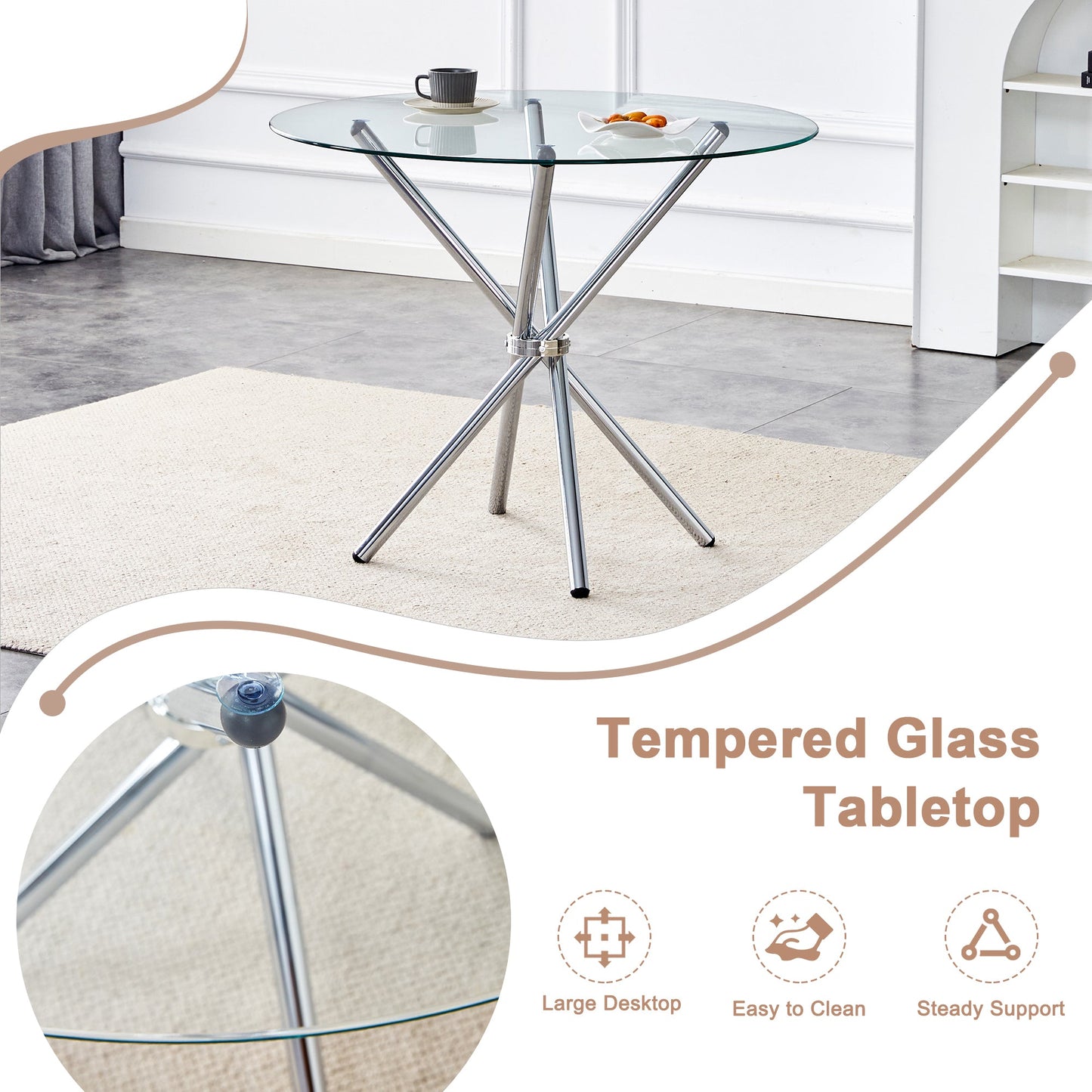 Modern Round Clear Glass Dining Table With Unique Silver Metal Legs for 4-6 People