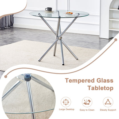 Modern Round Clear Glass Dining Table With Unique Silver Metal Legs for 4-6 People