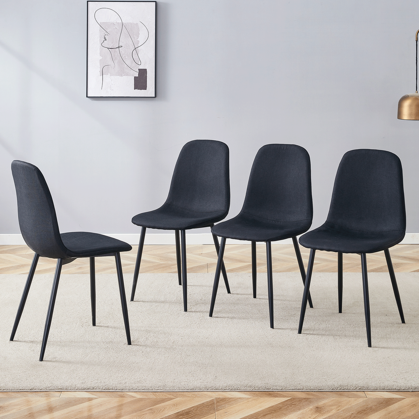 Luxury Simple Chair - Set of 4 BLACK Linen-Cotton Material High Resilience Dining Chair With Metal Black Leg.Integral Me