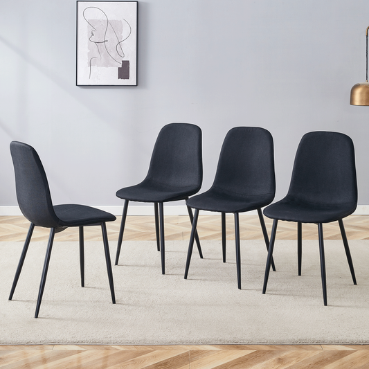 Luxury Simple Chair - Set of 4 BLACK Linen-Cotton Material High Resilience Dining Chair With Metal Black Leg.Integral Me