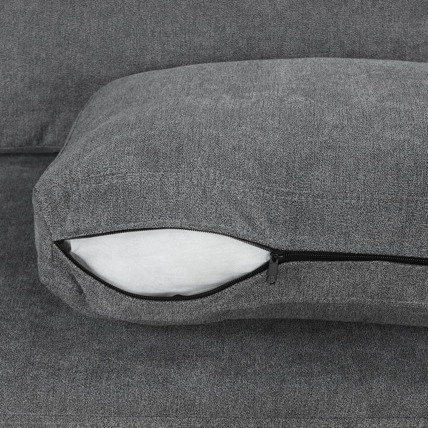 111' Upholstered 3-Seater Sofa Curved Sofa Couch With Two Printed Pillows for Living Room, Dark Gray