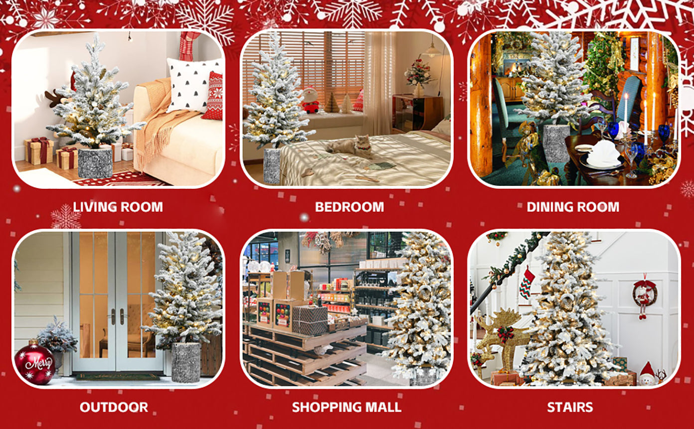 2FT Flocked Christmas Tree With Pot Base, 30 Warm White LED Lights, 189 Tips, PE+PVC Branches With 3 Pine Cones – Small