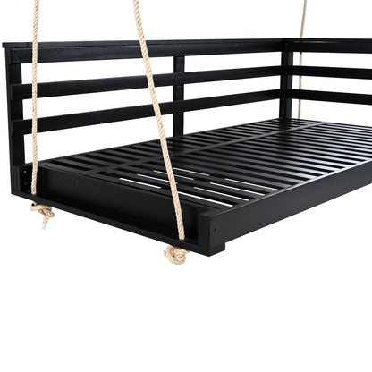 Country Patio Wooden Twin Size Swing Daybed Porch Swing Frame With 4pcs 96-Inch Hemp Ropes for Backyard, Garden, Black