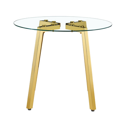 Modern Luxurious Round Tempered Glass Dining Table With Gold 7-Shaped Metal Legs,suitable for Family Meals, Office Confe
