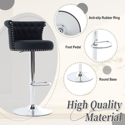 Velvet Bar Stool Set of 2, Adjustable Swivel Bar Stools With Silver Plated Metal Leg, Chrome Nailhead, Counter Height Ch