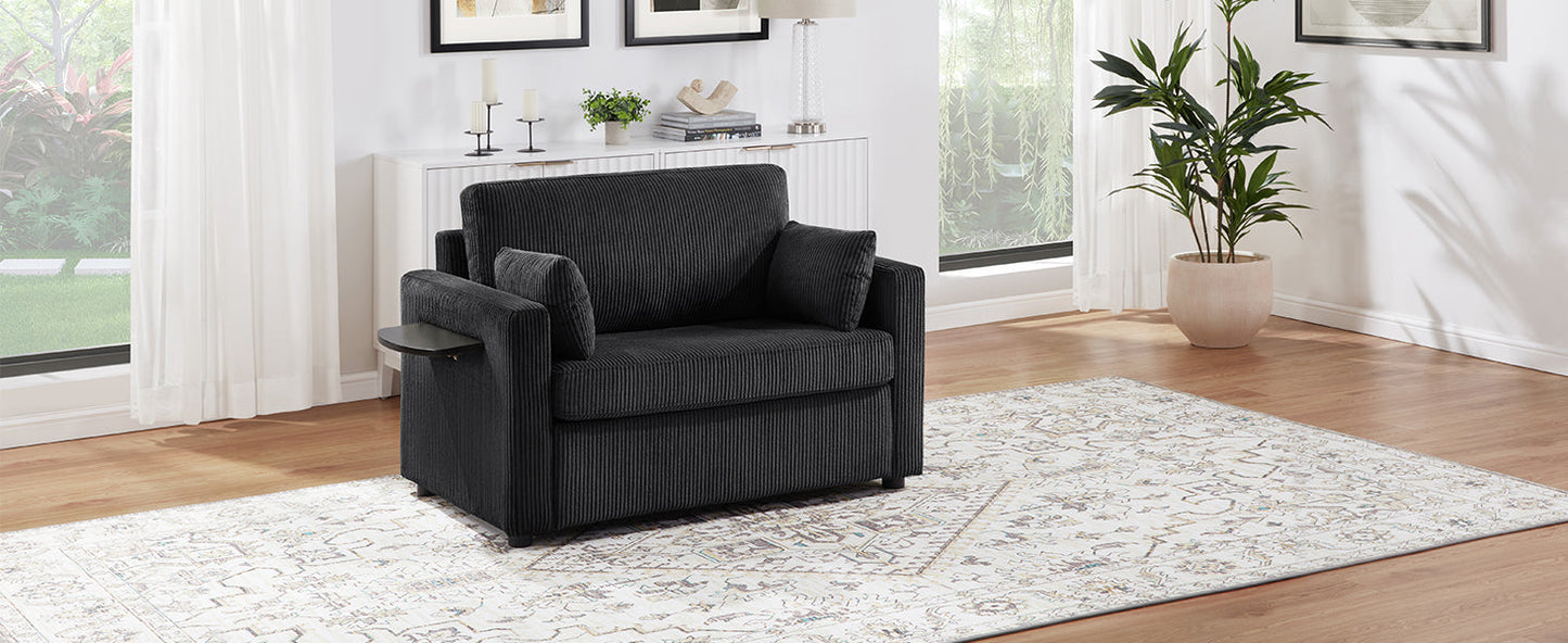 Twin Size Sofa Bed 47.2' Sleeper Sofa Loveseat With Foldable Mattress, Side Table, Storage Pocket, USB Ports, Black Cord