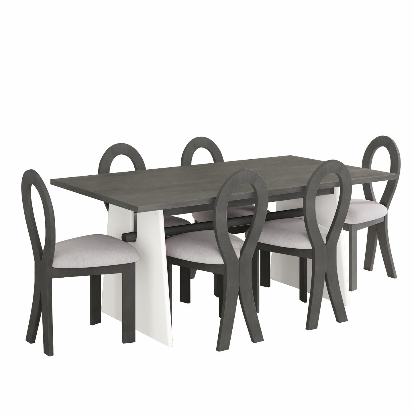 Modern 7-Piece Dining Table Set With Trestle Dining Table and 6 Upholstered Dining Chairs, Compact Kitchen Table Set For