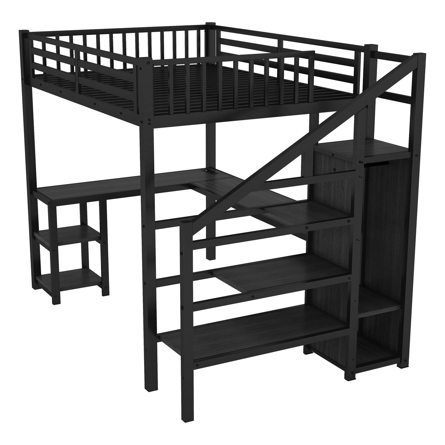 Metal Full Loft Bed With Wardrobe and LED Light, Full Size Loft Bed With L Shaped Desk and USB for Kids Teens Adults, Bl