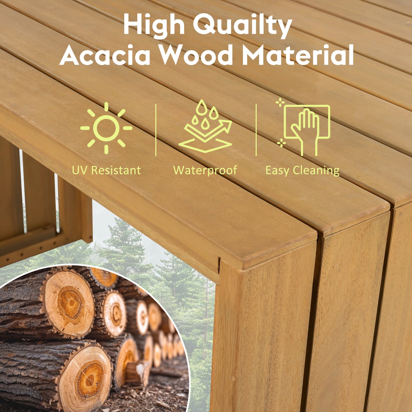 5 Piece Outdoor Bar Set, Patio Acacia Wood Bar Height Table & Four Stools With Cushions, Wood Dining Bar Set for Backyar