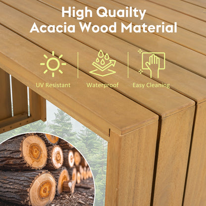 5 Piece Outdoor Bar Set, Patio Acacia Wood Bar Height Table & Four Stools With Cushions, Wood Dining Bar Set for Backyar