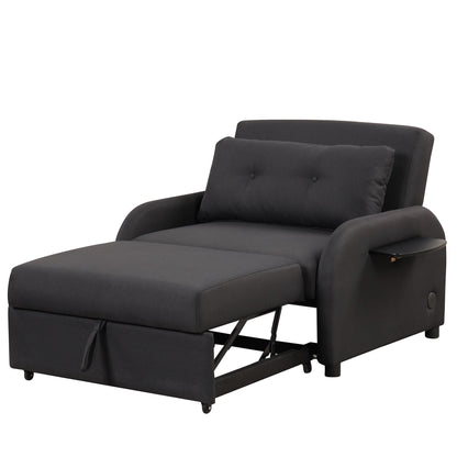 3-In-1 Pull Out Sofa Sleeper With Wing Table and USB Charge, Black Linen Upholstery, Iron Frame