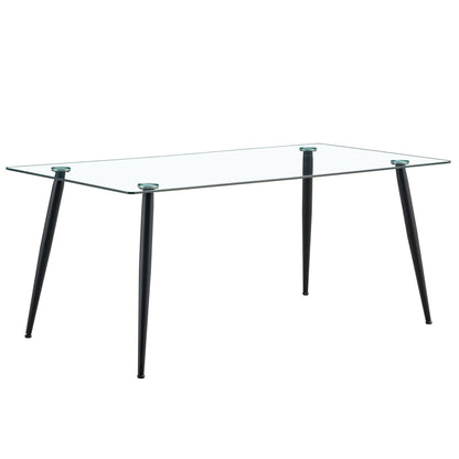 Modern Rectangular Glass Dining Table With Tempered Glass Top and Black Metal Legs for 4-6 People