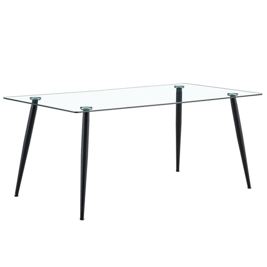 Modern Rectangular Glass Dining Table With Tempered Glass Top and Black Metal Legs for 4-6 People