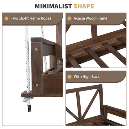 Acacia Wood Twin Size Patio Swing Bed Modern Porch Swing Hanging Bed Frame With 16.4ft Hemp Ropes for Garden,Backyard,Br