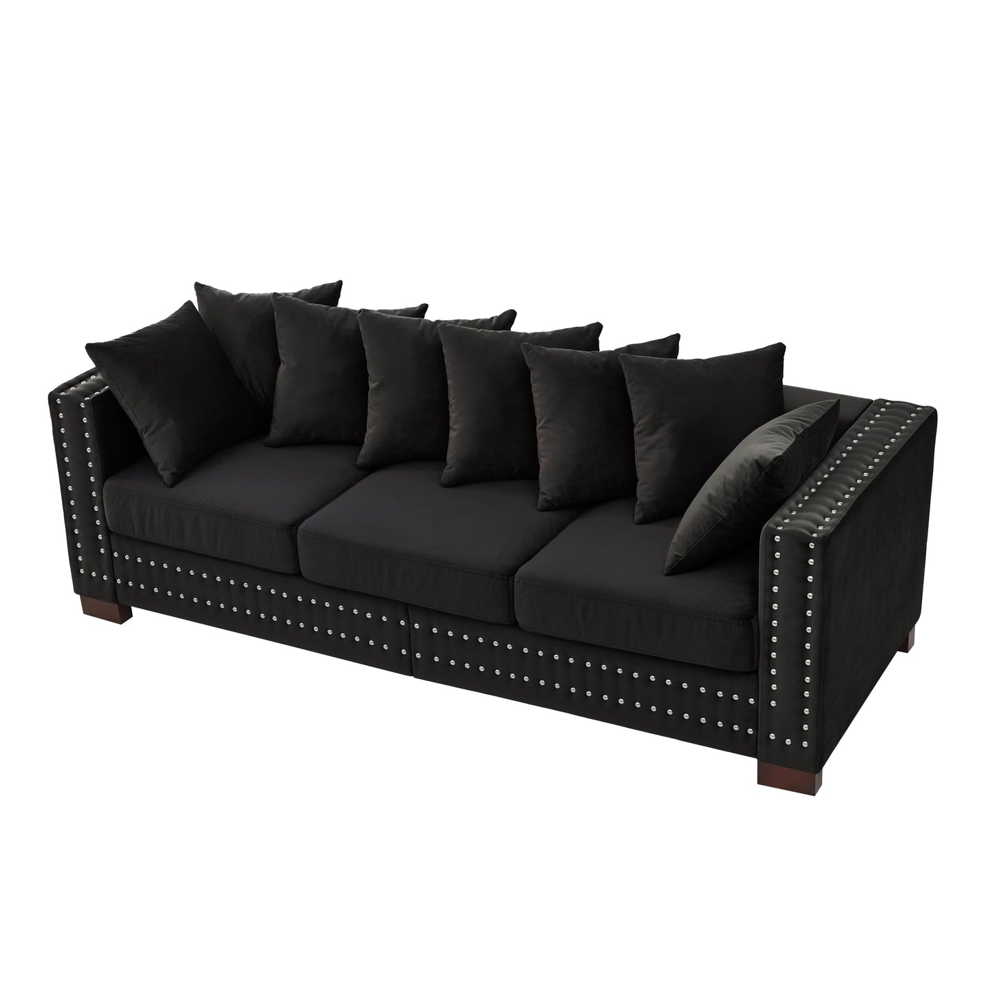 Modern Design Living Room Sofa Square Armrest With Silver Nails Decoration Upholstered Velvet Couch Black