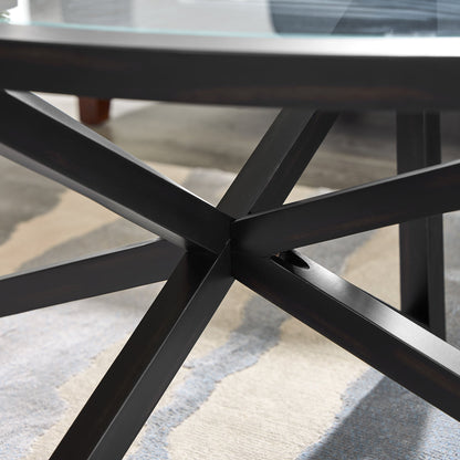 Modern Simple Glass Coffee Table, Tempered Glass Coffee Table Solid Wood Base Round Transparent Glass Top Modern Living