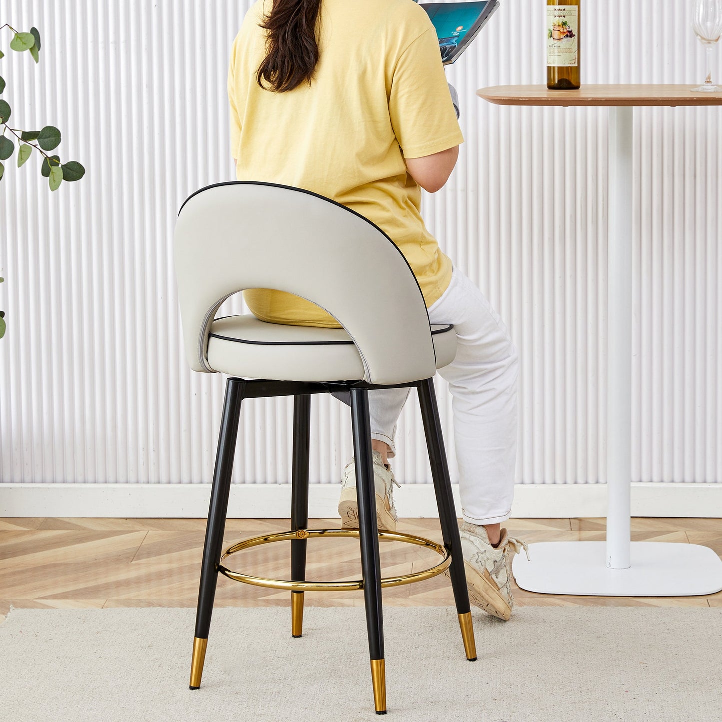 Modern PU Comfortable Upholstered Bar Chair With Smooth and Beautiful Black Metal Legs for Dining Room, Kitchen, Terrace