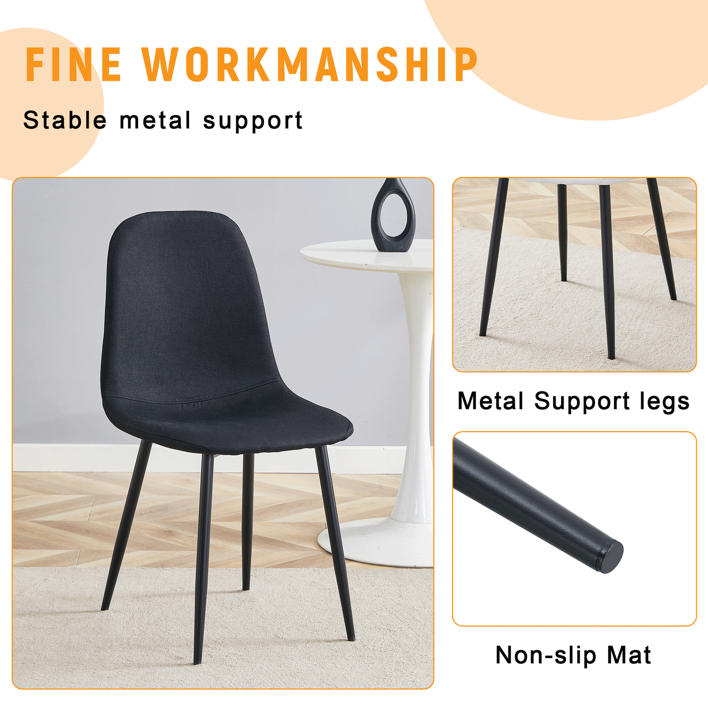 Luxury Simple Chair - Set of 4 BLACK Linen-Cotton Material High Resilience Dining Chair With Metal Black Leg.Integral Me