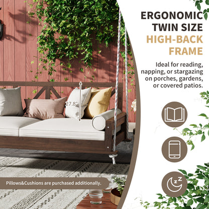 Acacia Wood Twin Size Patio Swing Bed Modern Porch Swing Hanging Bed Frame With 16.4ft Hemp Ropes for Garden,Backyard,Br