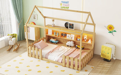 Twin Size House Bed With LED Light, Wood House Bed With Storage Bookshelf, Floor House Bed With Guardrails for Kids, Nat