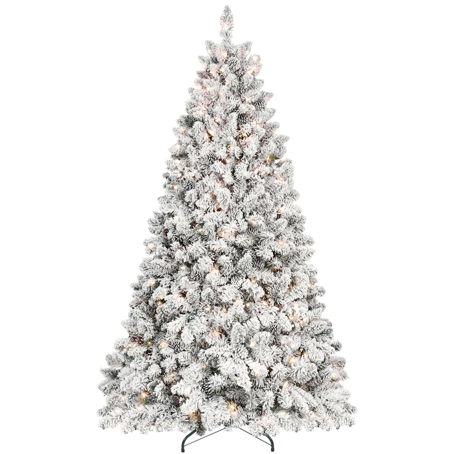 8FT Flocked Christmas Tree With 700 UL Lights and 54 Natural Pine Cones – Snowy PVC Tips, 1754 Tips, Hinged Structure, S